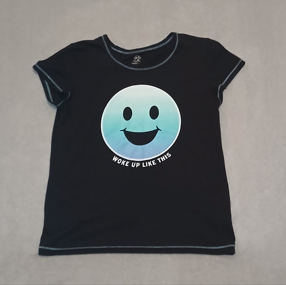 Justice Oh So Soft Loungewear Tween Top Size 14 Smiley Face Black Aqua Trim - Picture 1 of 6